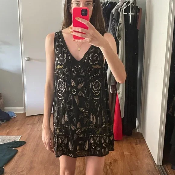Free People | Dresses | Free People Black Beaded Trapeze Dress | Poshmark